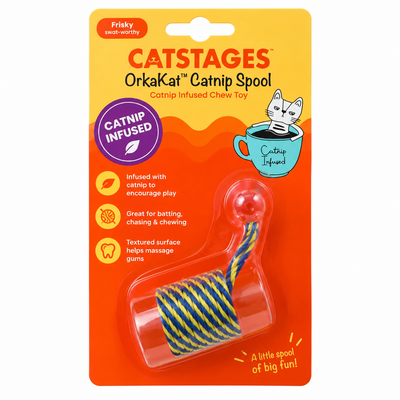צעצוע גליל חבל לחתולים Catstages OrkaKat Catnip Spool עם קטניפ, באריזה צהובה וכתומה