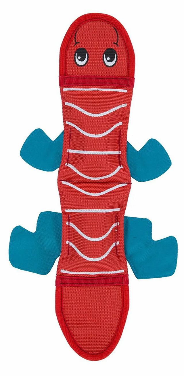 צעצוע Fire Biterz ארוך ואדום לכלבים במבט קדמי, עם עיניים, פסים לבנים וארבע רגליים תכולות