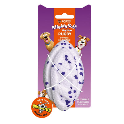 כדור רוגבי למשחק לכלבים פופוס Mighty Soft בצבע לבן עם כתמים סגולים, באריזה