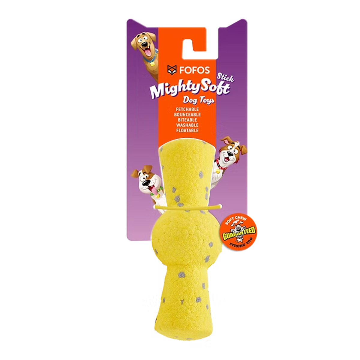 צעצוע מקל צהוב לכלבים פופוס Mighty Soft Stick עם כתמים אפורים, באריזה