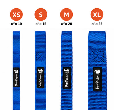 תרשים רוחב רצועות כחולות Pets Project במידות XS עד XL וברוחב 10 עד 25 מ״מ