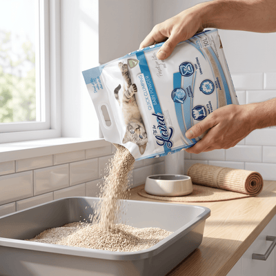מזיגת חול טו בי לאבד בניחוח טלק לתוך ארגז חול אפור לחתול