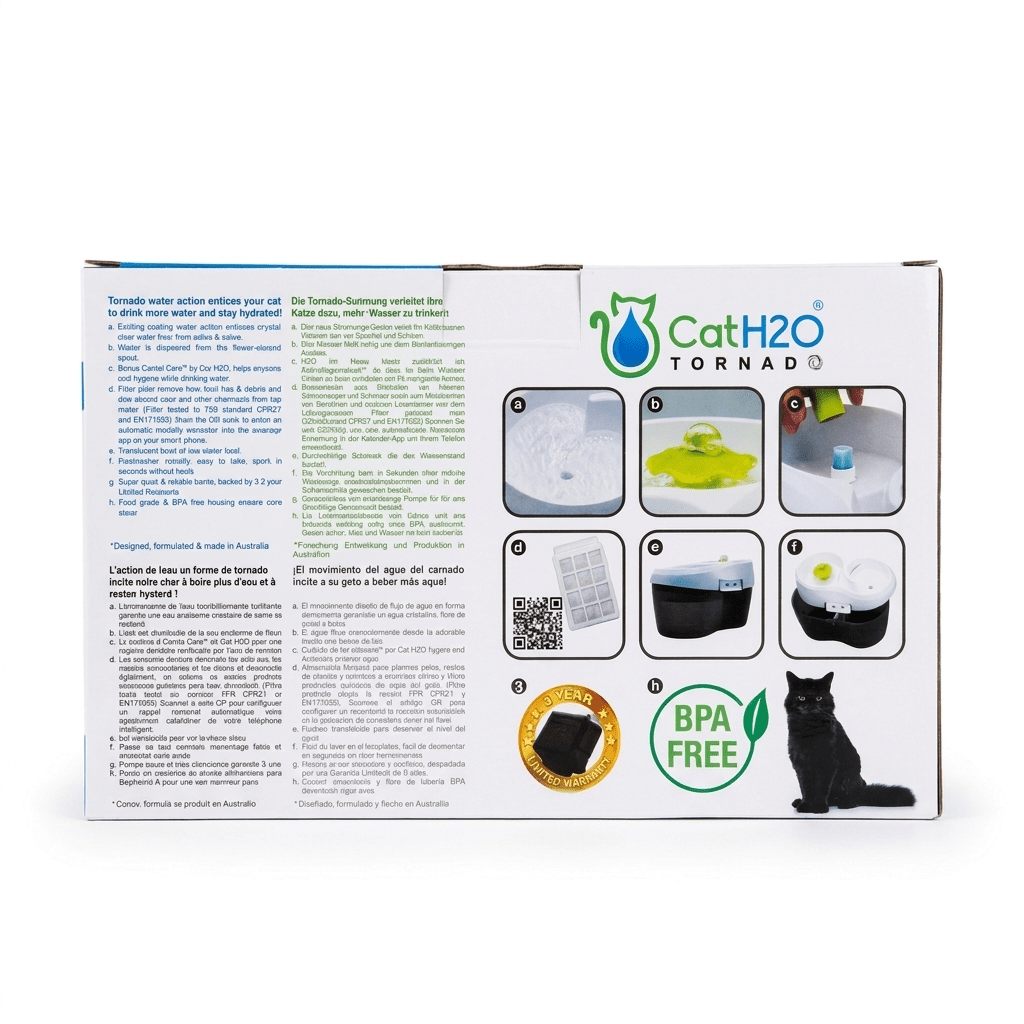 קט H2O טורנדו – גב אריזת מזרקת מים לחתולים עם הוראות ואיורי המוצר