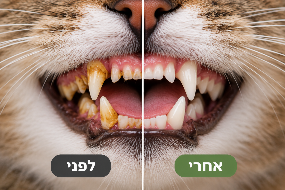 המחשת לפני ואחרי ניקוי שיני חתול – שיניים עם אבנית לצד שיניים נקיות
