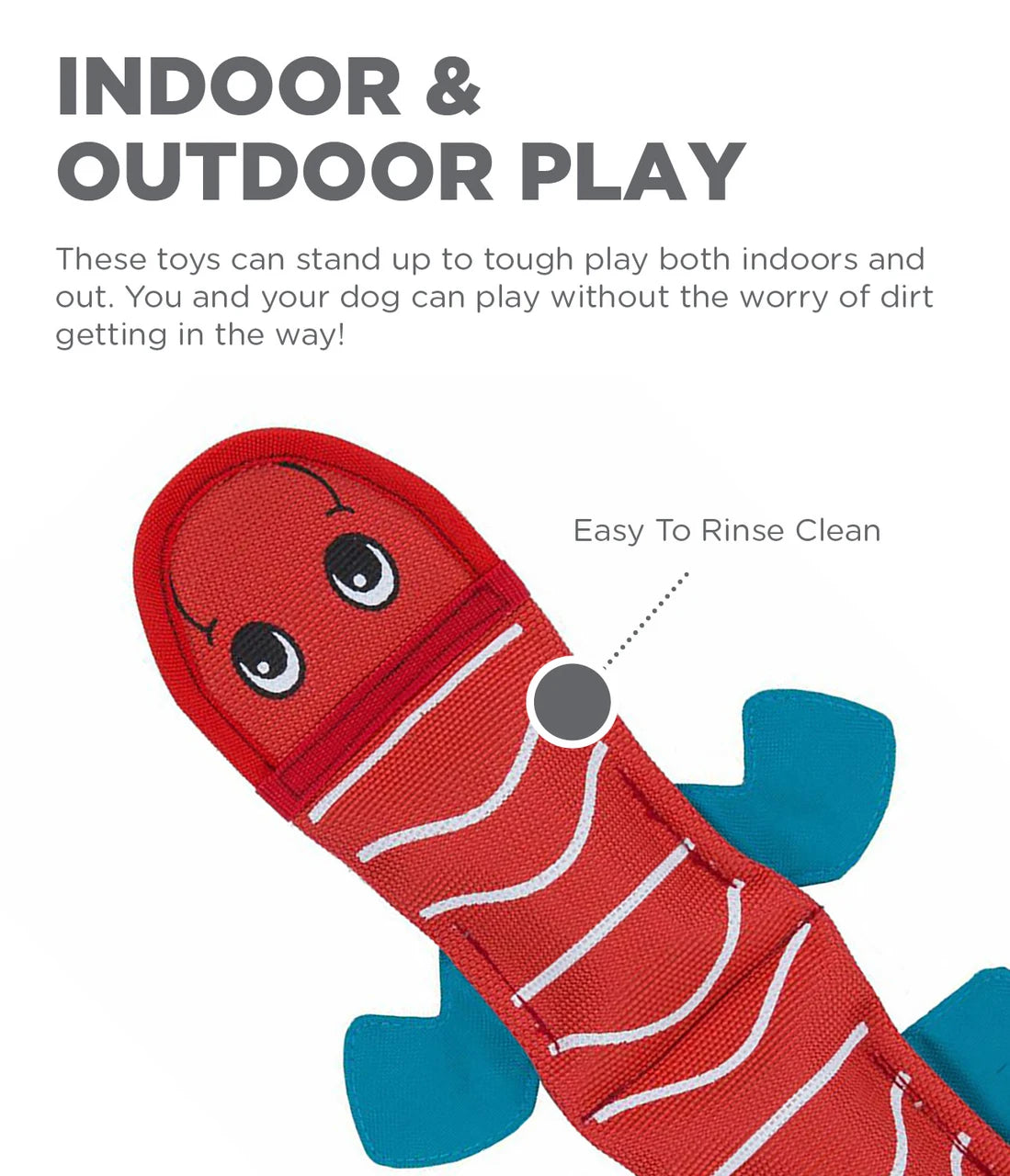 תקריב צעצוע Fire Biterz אדום ותכלת עם כיתוב על משחק בבית ובחוץ וניקוי בשטיפה