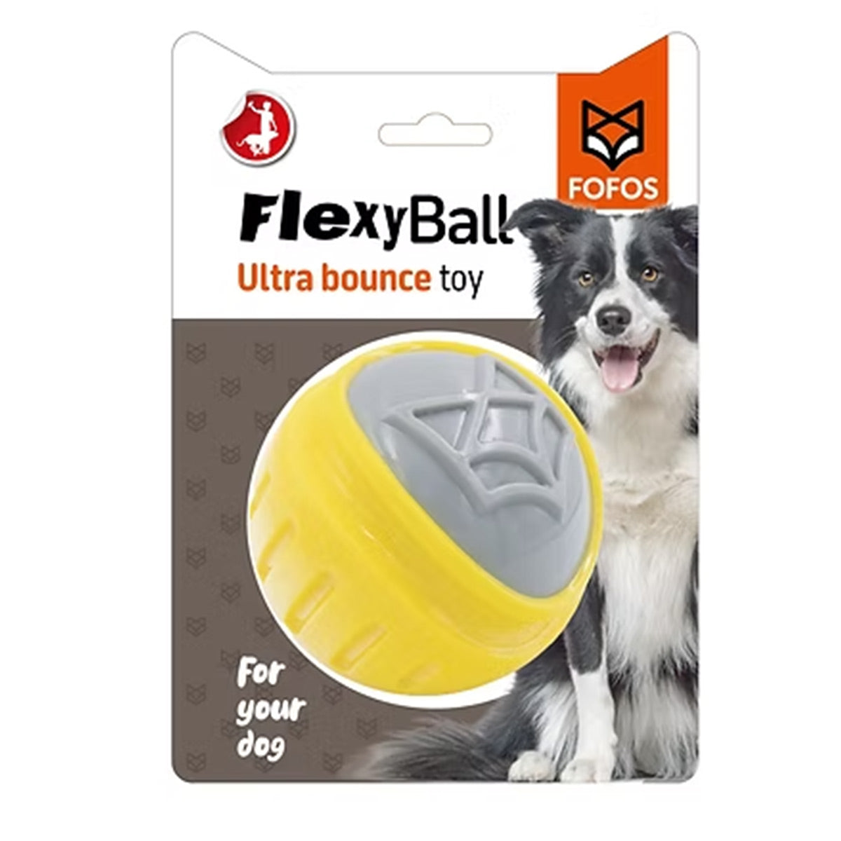 כדור פופוס Flexy Ball גדול לכלבים, בצבע צהוב ואפור, באריזה עם תמונת כלב