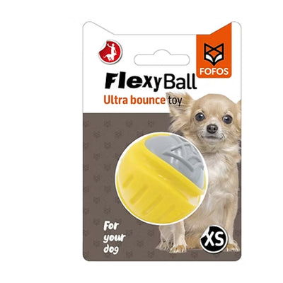 כדור פופוס Flexy Ball לכלבים במידה XS, בצבע צהוב ואפור, באריזה