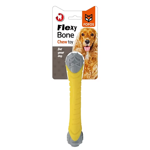 צעצוע לעיסה לכלבים פופוס Flexy Bone בצבע צהוב עם קצוות אפורים, באריזה