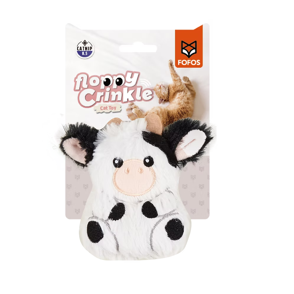 צעצוע פרה לחתולים פופוס Floppy Crinkle עם קטניפ, בצבעי שחור ולבן, באריזה