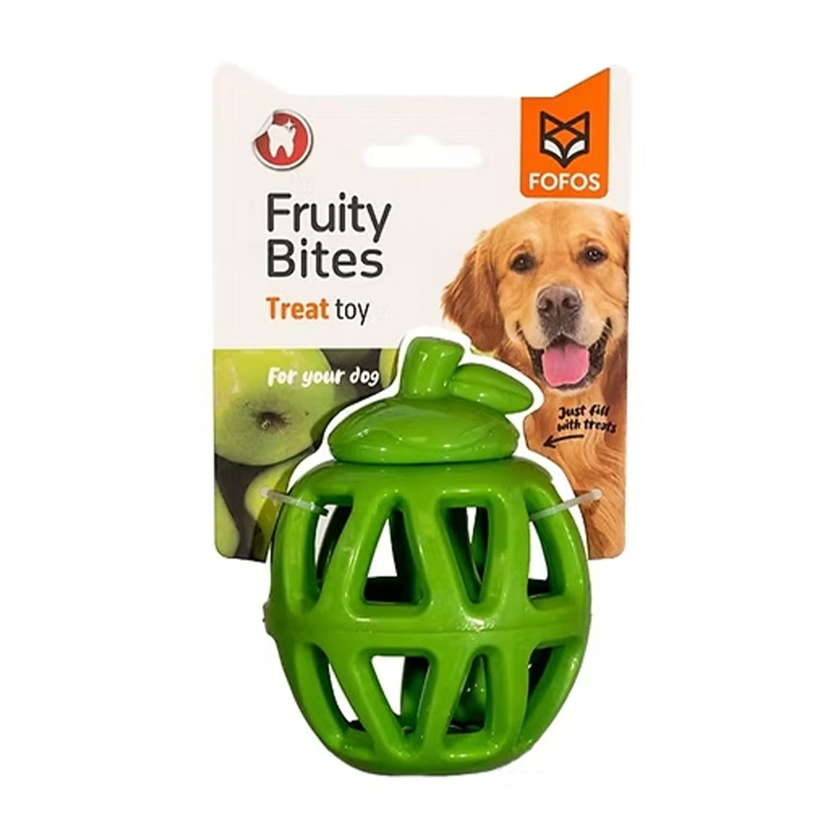 צעצוע למילוי חטיפים לכלבים פופוס Fruity Bites בצורת תפוח ירוק, באריזה