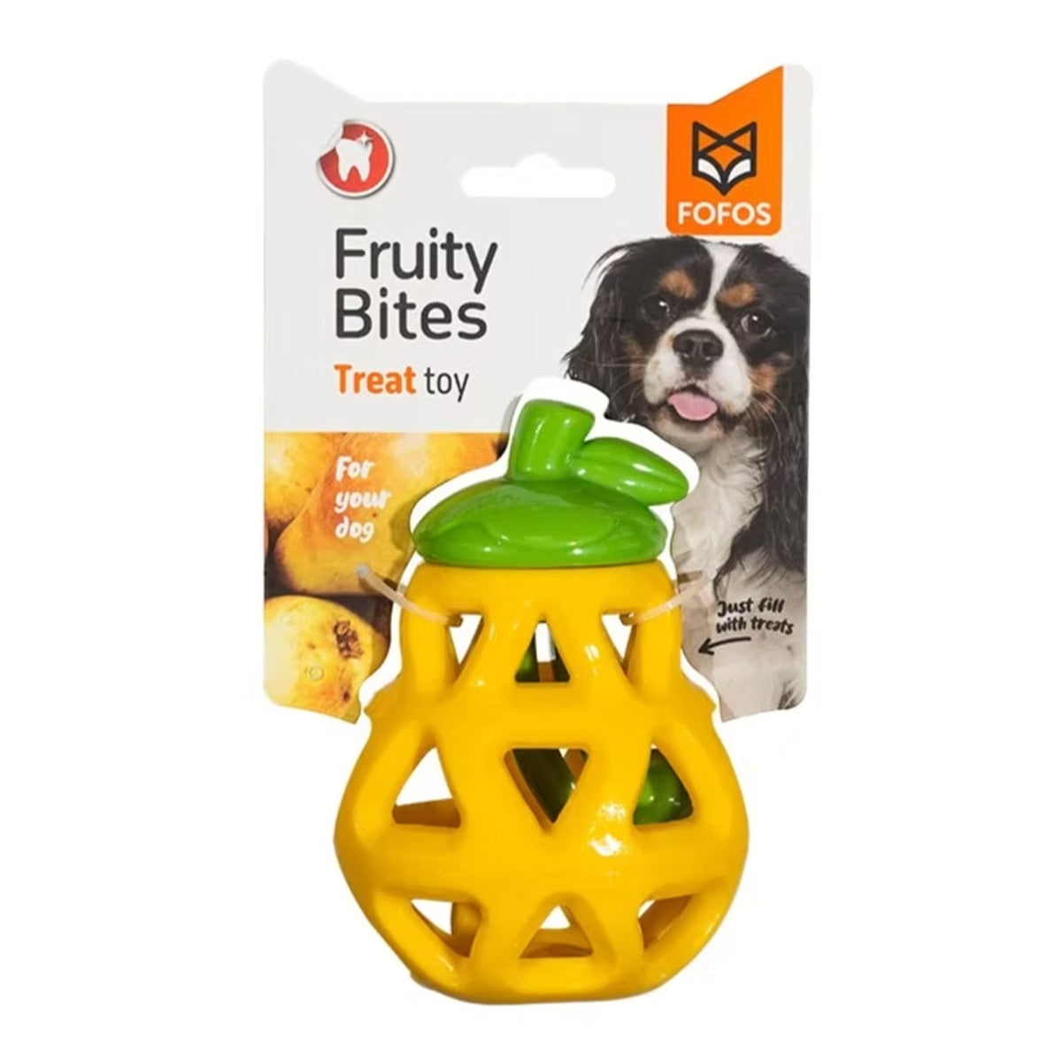 צעצוע למילוי חטיפים לכלבים פופוס Fruity Bites בצורת אגס צהוב עם מכסה ירוק, באריזה