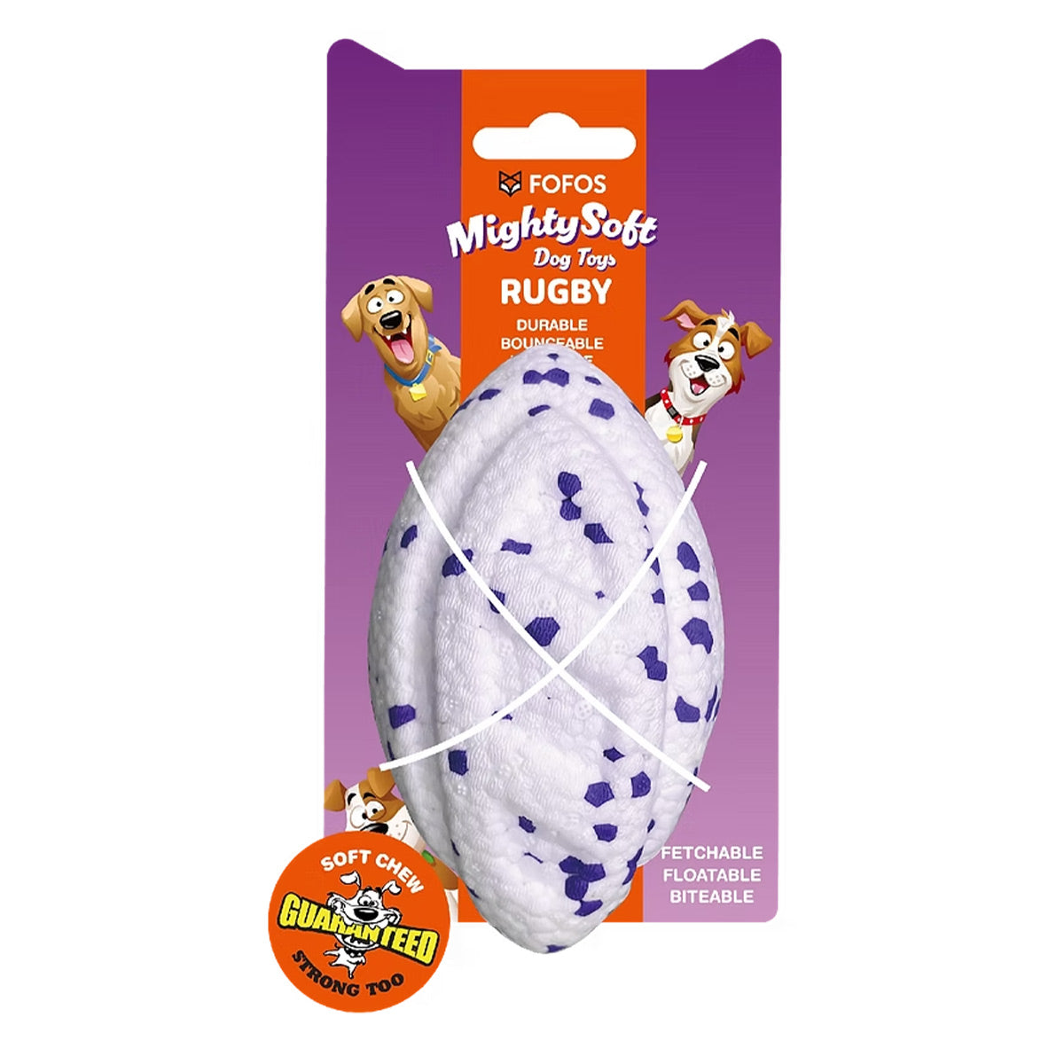 כדור רוגבי למשחק לכלבים פופוס Mighty Soft בצבע לבן עם כתמים סגולים, באריזה