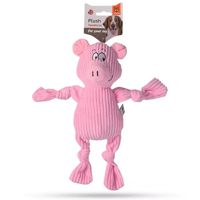 צעצוע חזיר ורוד מבד קורדרוי לכלבים של פופוס, עם קשרים בידיים וברגליים ותווית מוצר