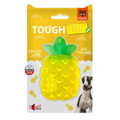 צעצוע לכלבים פופוס Tough Fruit בצורת אננס צהוב עם עלים ירוקים, באריזה