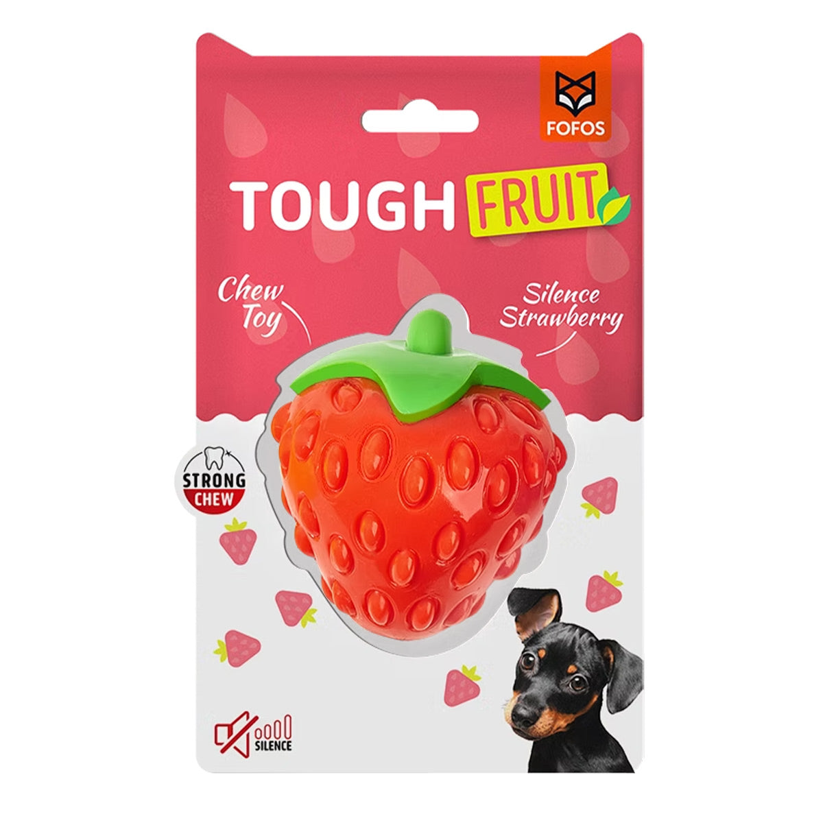צעצוע לעיסה לכלבים פופוס Tough Fruit בצורת תות אדום עם עלים ירוקים, באריזה