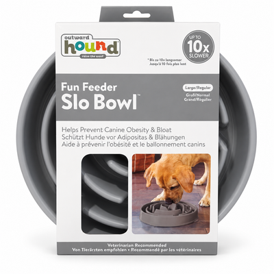 קערה אפורה להאטת אכילה לכלבים Outward Hound Fun Feeder Slo Bowl בגודל Large, באריזה