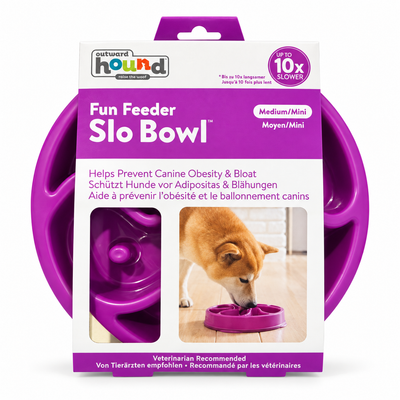 קערה סגולה להאטת אכילה לכלבים Outward Hound Fun Feeder Slo Bowl בגודל Medium/Mini, באריזה
