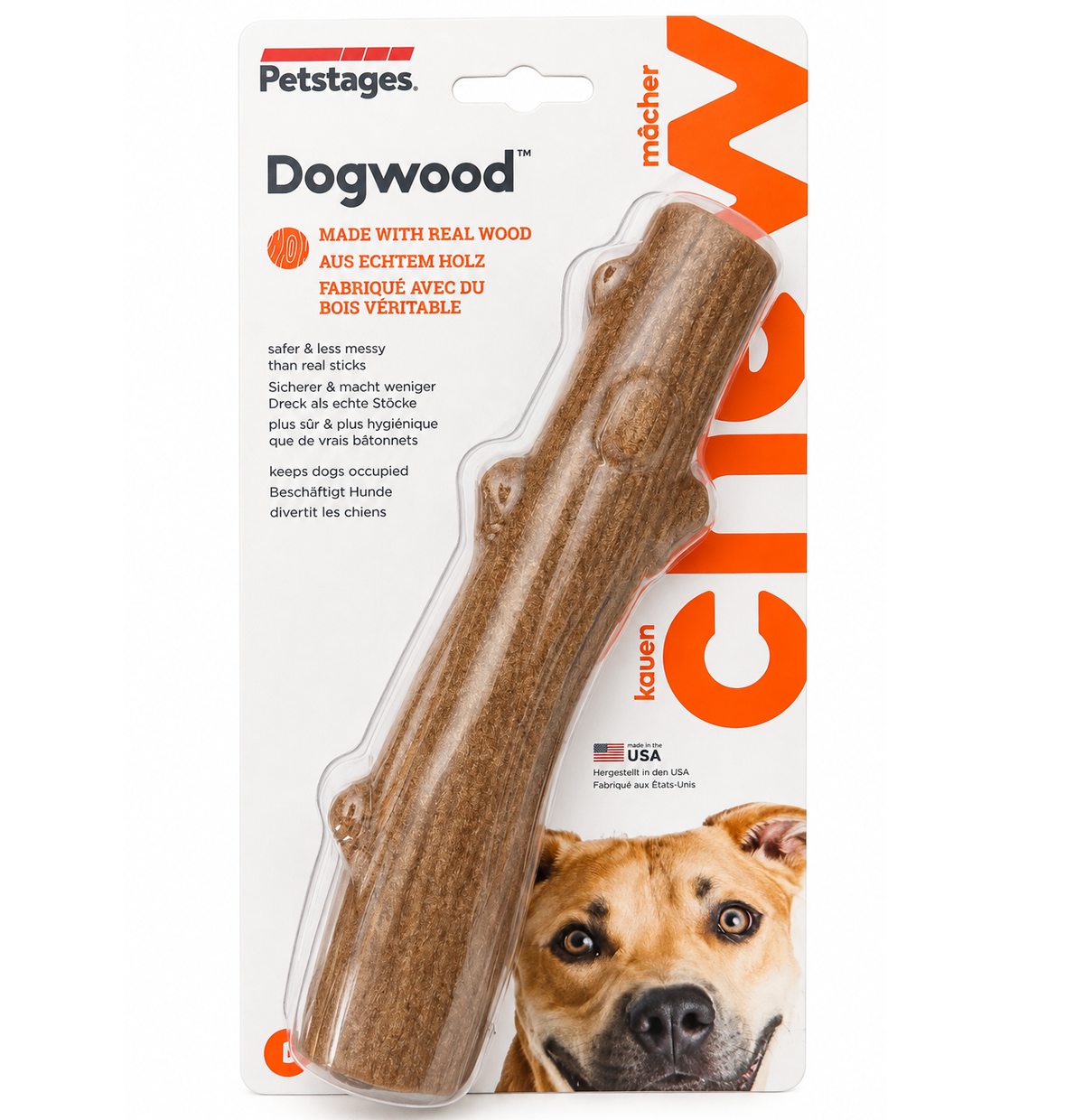 מקל לעיסה לכלבים Petstages Dogwood בצורת ענף חום, באריזה לבנה וכתומה עם תמונת כלב