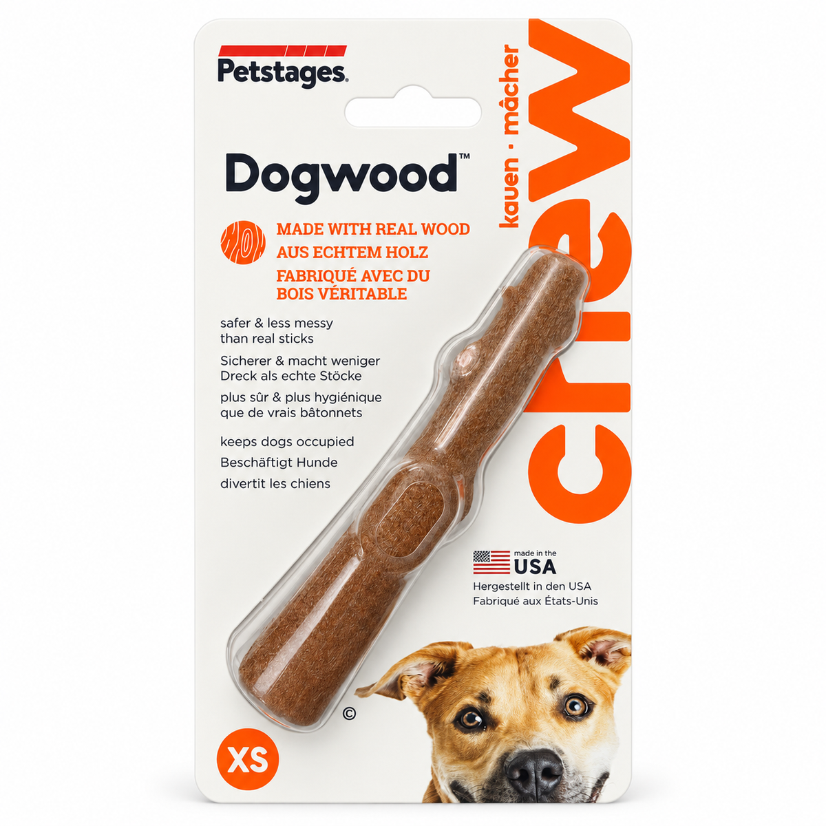 מקל לעיסה לכלבים Petstages Dogwood במידה XS, באריזה לבנה וכתומה עם תמונת כלב