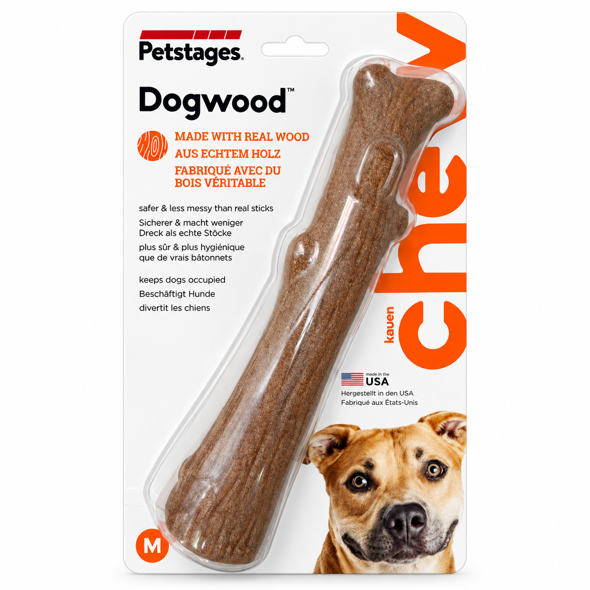 מקל לעיסה לכלבים Petstages Dogwood במידה M, באריזה לבנה וכתומה עם תמונת כלב