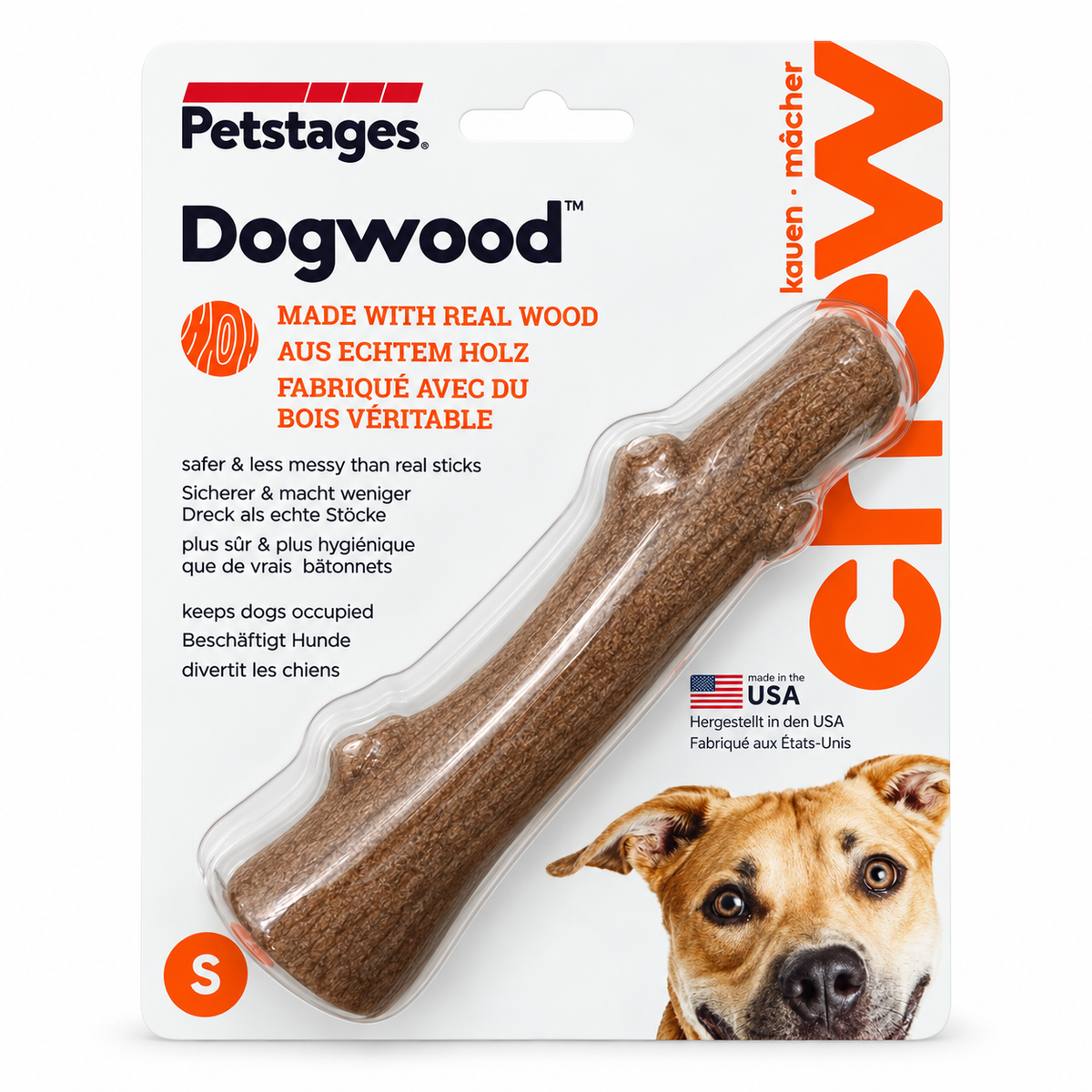 מקל לעיסה לכלבים Petstages Dogwood במידה S, באריזה לבנה וכתומה עם תמונת כלב