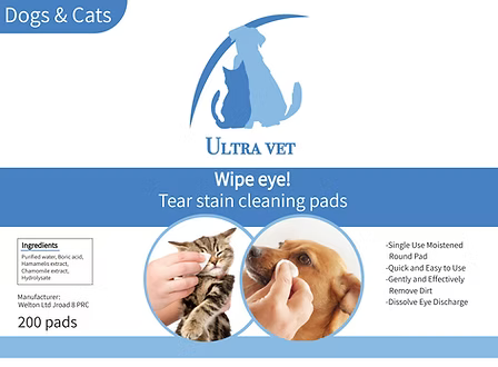אולטרה וט Wipe Eye – תמונת מידע על פדים לניקוי סביב העיניים לכלבים ולחתולים, 200 יחידות